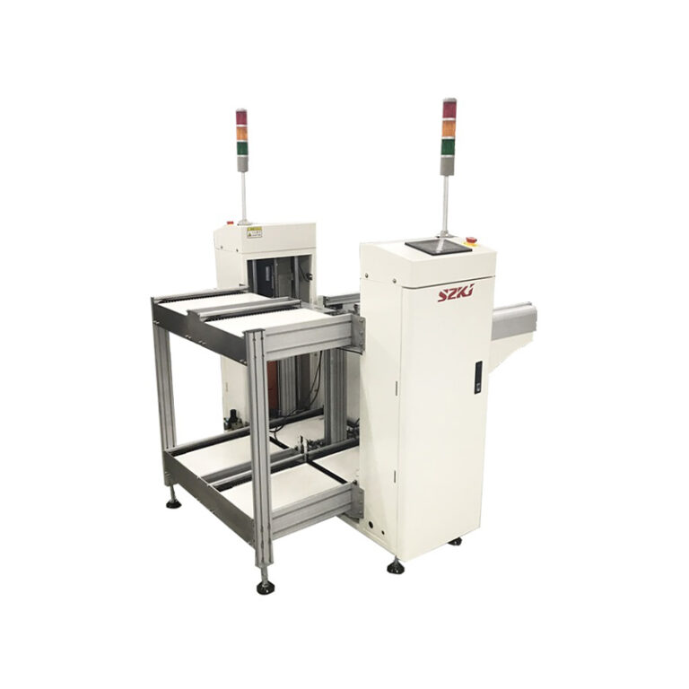 Features 1. Microcomputer (PLC) control, stable and reliable operation. 2. Touch screen control interface, easy and convenient operation 3. Multiple sound and light alarm functions, 4. Direction can be selected from left to right or right to left 5. Use standard material rack, strong versatility. 6. The material rack lifting step can be set according to the PCB thickness. 7. The turnover box adopts cylinder multi-angle clamping, which is stable and reliable and can correct the deformation of the turnover box 8. Special rodless extended push plate cylinder, stable and gapless, push plate force can be adjusted 9. It has anti-stuck function and anti-fool mechanism 10. Standard equipped signal (SMEWA) can be connected online with other equipment